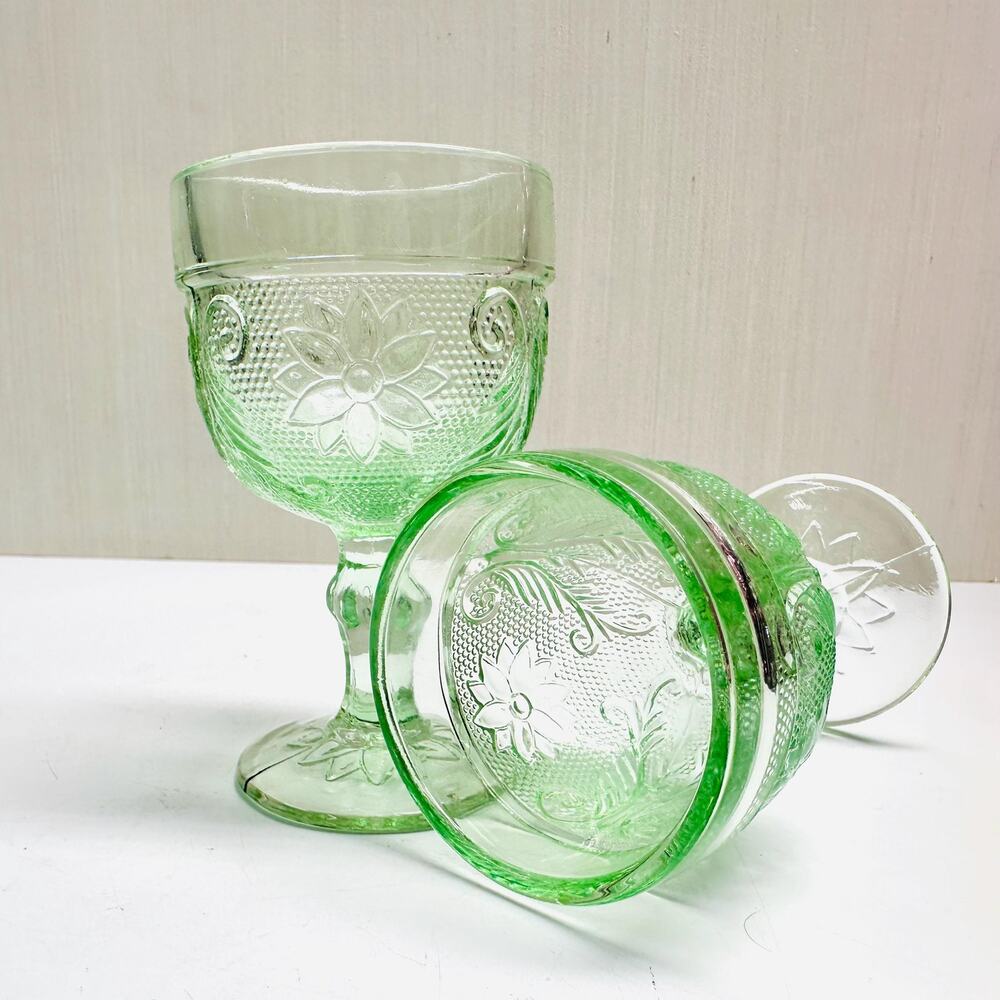 A Pair Vintage Indiana Glass Tiara Chantilly Green Cordial Mini Goblet